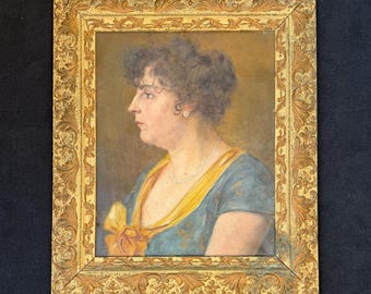 1910s French Woman Portrait Oil Painting on Canvas, Antique Framed Art, Lady with Jewellery, Vintage Jewellery Boutique Decor