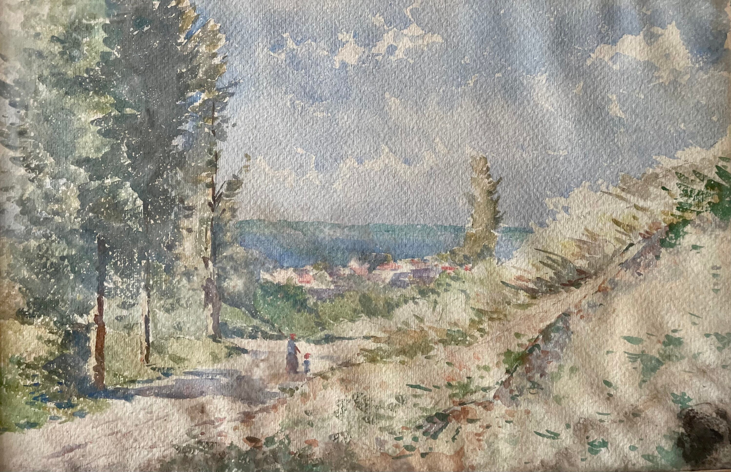 1890 年代のフランスのアンティーク水彩画。南フランスの風景