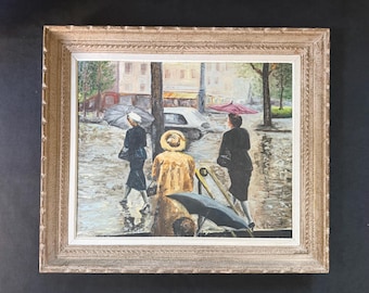 1940s French Paris Oil Painting by M. Rodineaux, Framed Cityscape, Rainy Street with Umbrellas, Original Vintage Art