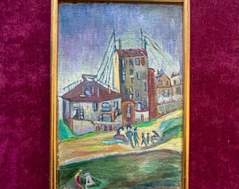 1930s French Expressionist seascape painting - Coastal town beach art - Vintage oil on canvas - Nautical wall decor - Marine artwork