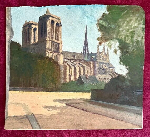 1910年代のフランスの油絵（パネル）。パリとノートルダム大聖堂。パリ