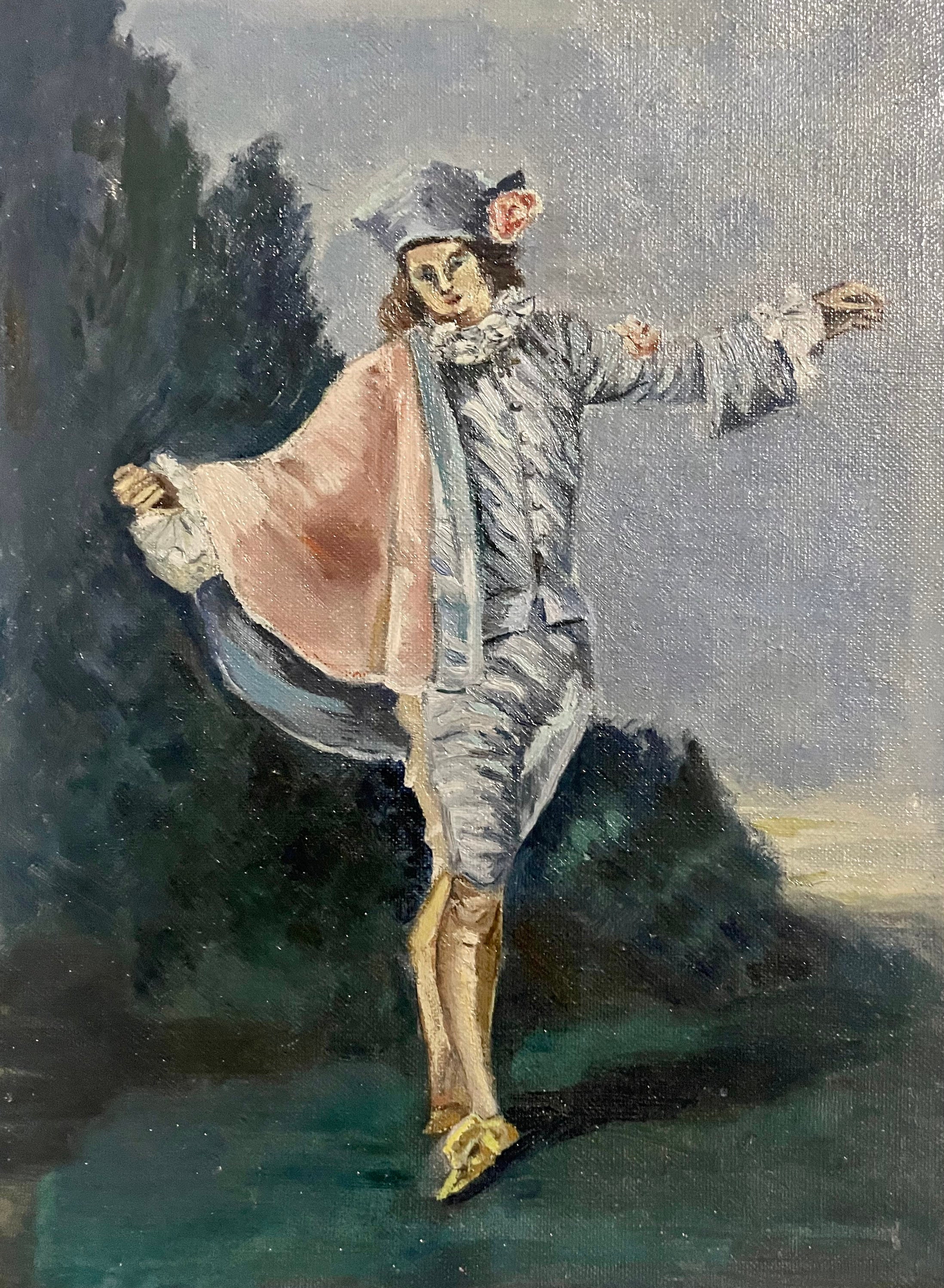 1930 年代のフランスのキャンバス油絵。舞台衣装を着た若い男性の 