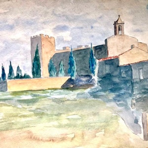 Acquerello francese degli anni '20 su carta. Chiesa e fortezza in Provenza. Francia meridionale