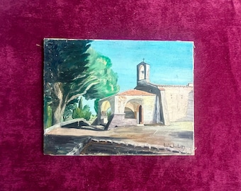 Huile sur toile française des années 1940. Chapelle Sainte-Anne de l'église de campagne à Saint-Tropez, Côte d'Azur. Décor champêtre.