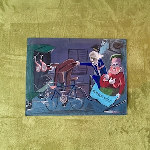 Lata 40. francuskie malarstwo gwaszowe na niebieskim papierze. Humorystyczny szkic, paryski styl życia. Satyryczna parodia ilustracji. Komiksowy rysunek burleski