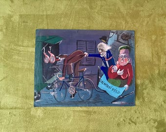1940s French gouache painting on blue paper. Humorous sketch, Paris lifestyle. Satire parody illustration. Comic drawing burlesque art