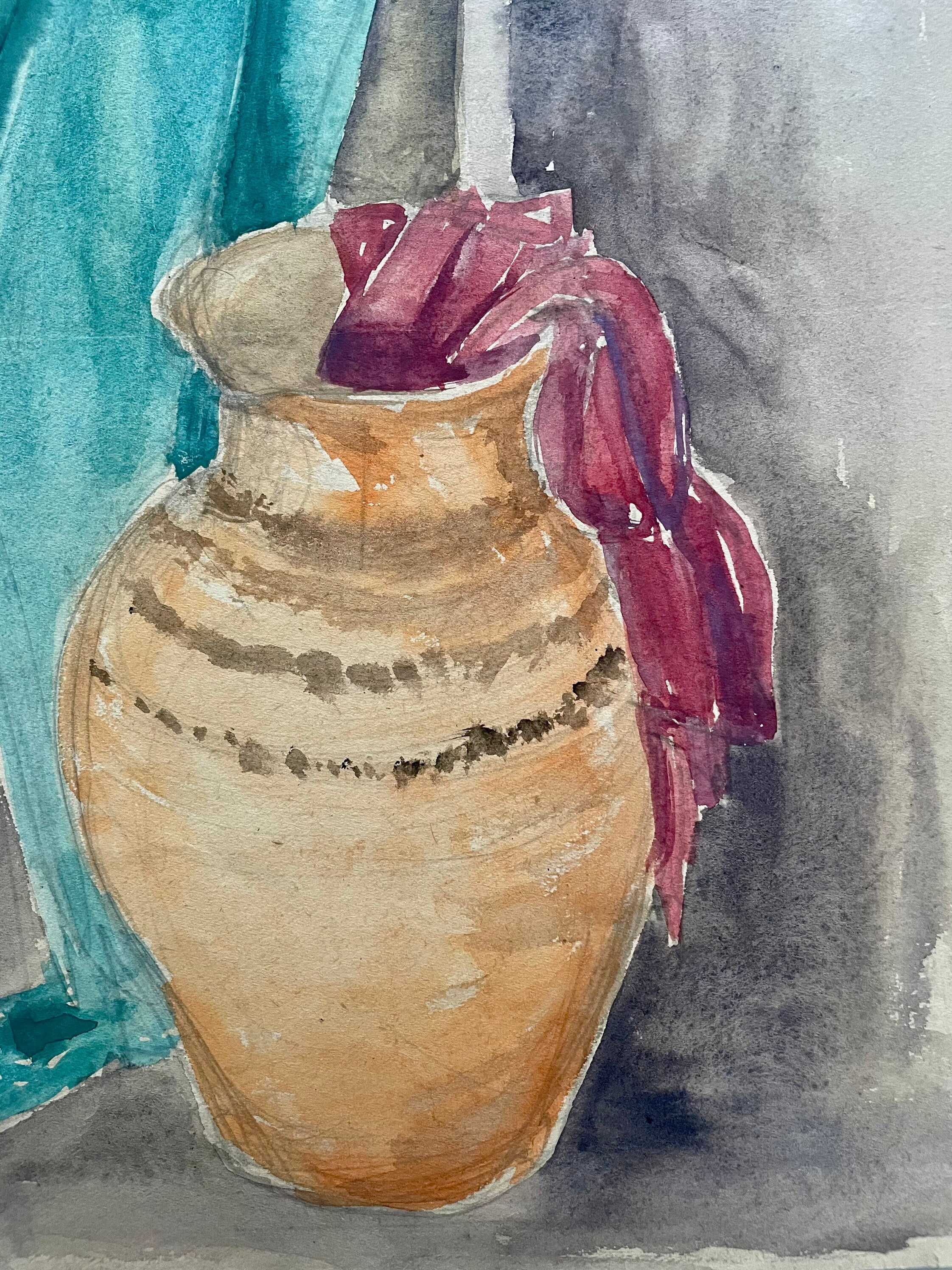1940s French Antique Watercolor Painting on Paper. Still Life With