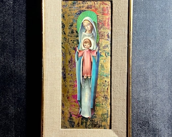 1960s French Listed artist I.Vernet (1900s) Kitsch Style enameled Chromolithography mounted on wood.Religious art.Virgin Mary and Baby Jesus