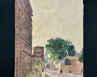 1910s French watercolor on Paper. Cityscape with animated street view and antique ruins. Impressionism landscape.