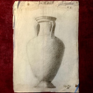 Disegno a carboncino francese degli anni '10, studio di anfora di J. Guilbert, schizzo di architettura accademica antica, opera d'arte originale firmata