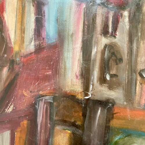 1950s French shops oil painting on paper. Village in France. Buildings, Bridge and river Modernist painting.