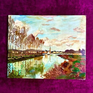 1981 French Vintage Oil Painting Landscape Village River Scene on Canvas Board Signed Country Cottage Decor Original Wall Art