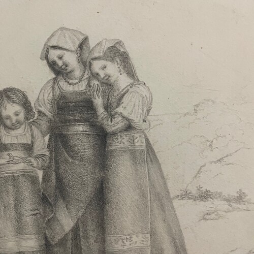 1890s Italian pencil drawing on shops paper. Peasant women in Italy