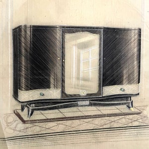Arredamento modernista francese degli anni '30. Design d'interni. Studio di architettura. Disegno a grafite su carta mylar.