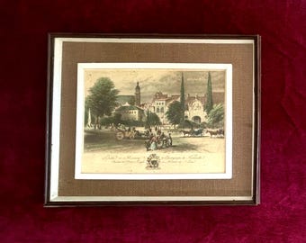 French Antique Hand-Colored Engraving c.1830s | Noble Dedication, Carriage Scene | Framed & Matted | Historical Art | 17.5”x13”