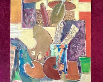 1940s French Cubist oil painting on canvas-type paper Multicolored still life. Cubism  Modernism Avant-Garde Modernist Mid-century Art