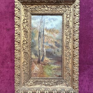 Pintura al óleo francesa de la década de 1890 sobre lienzo, papel montado sobre tabla. Paisaje de la escuela de Barbizon. Paisaje fluvial y boscoso. Decoración rústica de estilo rústico.