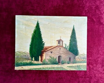 1954 French Oil Painting Signed – Provence Countryside Church Landscape with Cypresses – Vintage Art on Canvas Cottage decor religious art