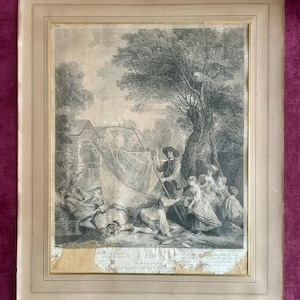 1700s French painter Nicolas Lancret (1690-1743) Engraving on paper. Le feu,l’air,l’eau. The Water. Antique Etching.