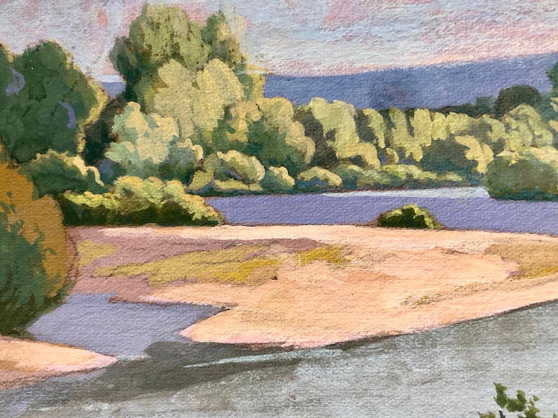 The Moselle river near Bayon; France antique painting 1930s French gouache painting on paper