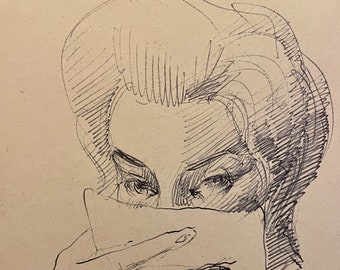 1940s French Surrealist ink drawing on paper. Study of woman.