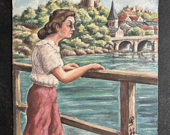 1960s French Surrealism Vintage oil painting on cardboard. Young woman looking at Village and River in France. Surrealist Landscape.