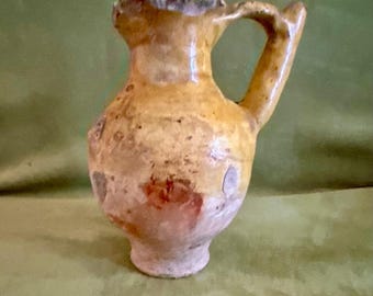 1700s French Antique Jar pot confit Yellow glazed cruche Southern France pottery Farmhouse faience Cottage decor Primitive Provence folk art