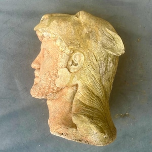 1700s French Antique Stoneware Sculpture of Heracles with Lion Skin Helmet Greek Neoclassical Head Statue Garden or Interior Decor
