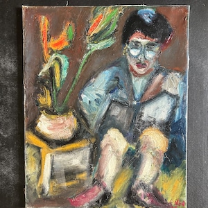 1950s French oil painting on canvas. Expressionism. Sitting figure and vase of flowers.