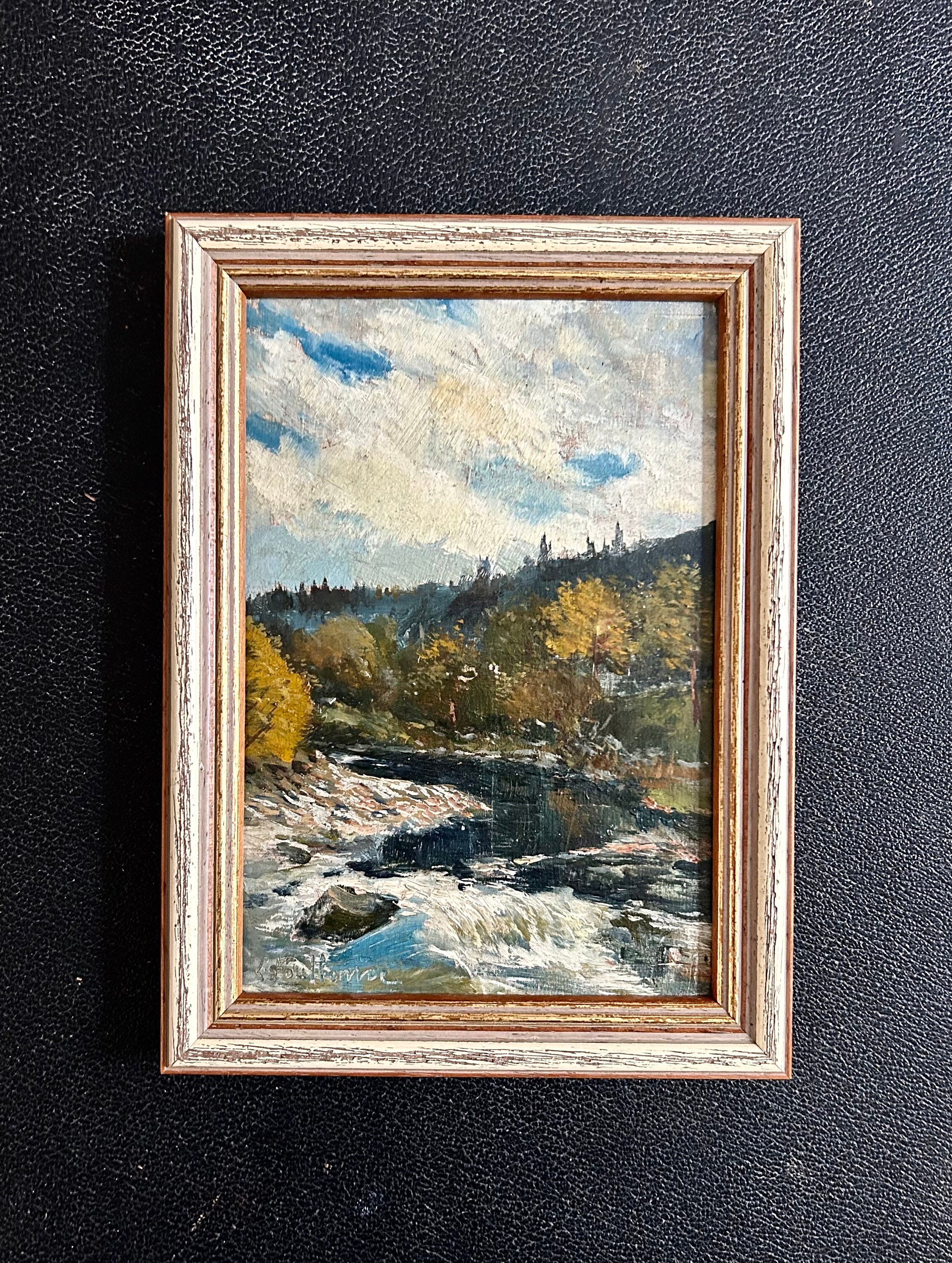 1940s French Oil Painting On wood . Autumn landscape with mountain stream in France. Fall Colors in the Alps. Indian Summer.