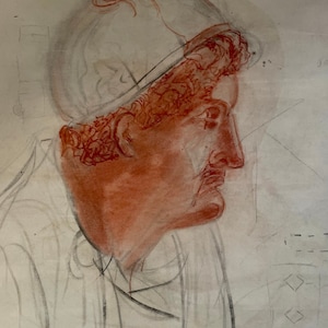 Disegno francese a matita colorata su carta, anni 1890. Studio di un uomo dell'antica Roma. Matita sanguigna.