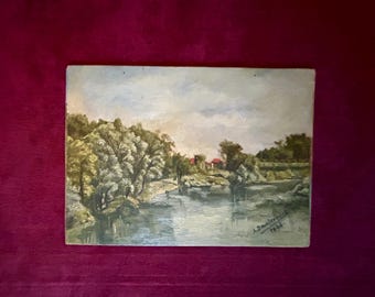 1950er Jahre Antike Französische Landschaft Ölgemälde | 19 Jh. Landschaft Motive | Rustikale Europäische Wandkunst | Vintage Landschaft | mit Cottagecore Dekor