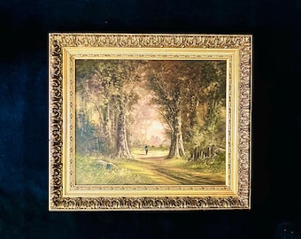 1890s French oil painting on canvas Barbizon School. Animated path in the woods. France. Cottage decor Farmhouse style Country living