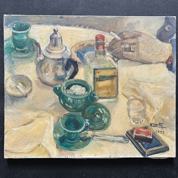 1950s French oil painting on canvas. Still life with teapot, bottle of liquor and cigarette