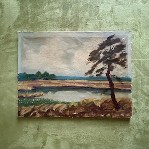 1920s French Oil Painting On canvas Riverscape in Northern France Landscape Cottage decor. Farmhouse style  Country living Countryside house