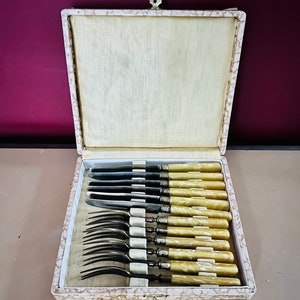 1920s French Antique Dessert Knives and forks set of 12. Tableware. Flatware. Brass cutlery.