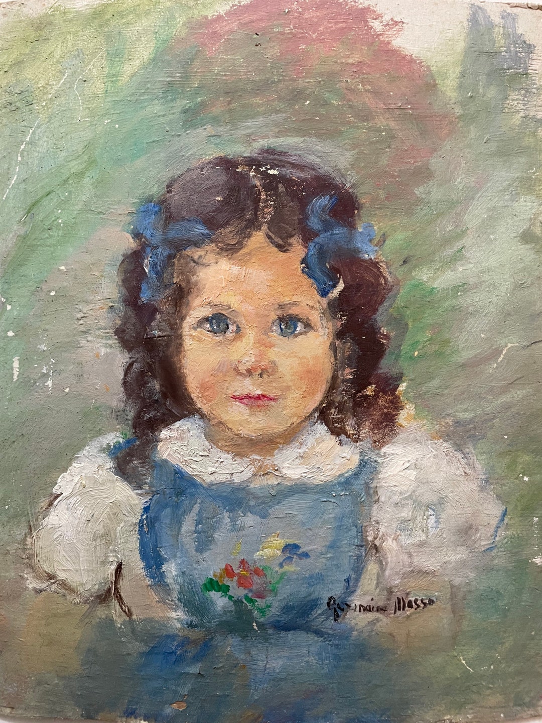 1940s French Oil Painting on Cardboard Portrait of Young Girl With Blue