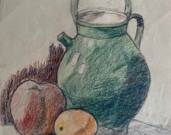 1920s French colored pencil drawing on paper. Still Life with glazed green pot confit and fruits.