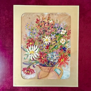 Pintura al óleo francesa de la década de 1930 sobre cartón. Ramo de flores variadas. Diseño floral. Decoración shabby chic. Arte mural rústico. Casa de campo.