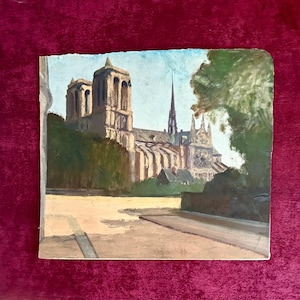 Pintura al óleo francesa sobre tabla, década de 1910. París y la Catedral de Nôtre Dame. Paisaje urbano parisino. Pintura eclesiástica. Escena religiosa. Paisaje cristiano.