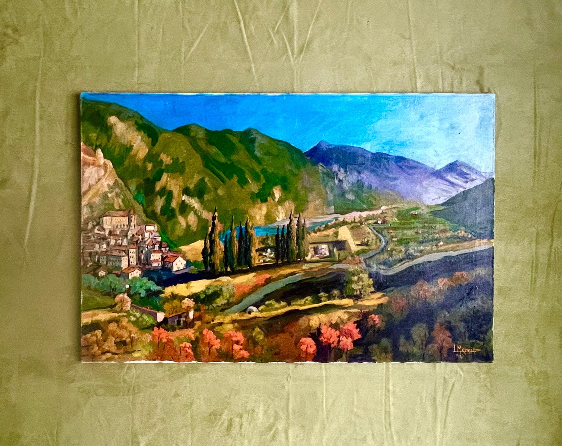 ★フランス　プロヴァンス地方　アンティーク油絵画　【田舎町の風景】 1930 年代のフランスの油絵、プロヴァンスの村の風景、L Mercier