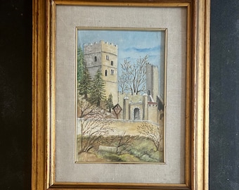 1950s French Art Naïve oil painting on canvas. Castle and Towers in France.Naif Movement.