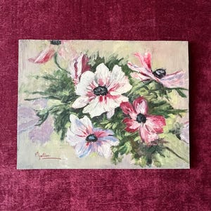 Pintura al óleo francesa de los años 40 sobre cartón Anémonas rosas Flores florales Decoración de pared de cabaña Shabby Chic Naturaleza muerta Estilo de vida campestre