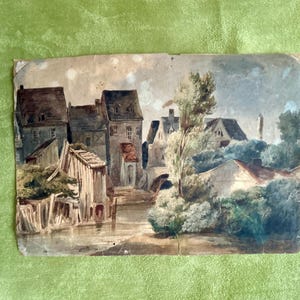 Acquerello antico francese del 1850 su carta. Strada di un villaggio in Francia. Normandia. Paesaggio. Arredamento del cottage di Barbizon. Stile rustico. Vita di campagna.