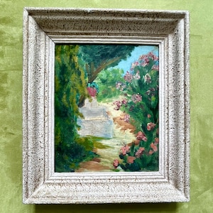 1930s French oil painting on wood.Path in Provence and Oleander bushes. Cottage wall decor. Shabby chic style. Garden art. Floral Flower