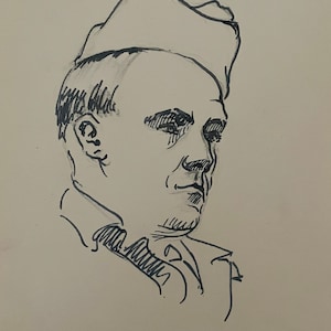 1930s French ink drawing on paper. French soldier portrait.