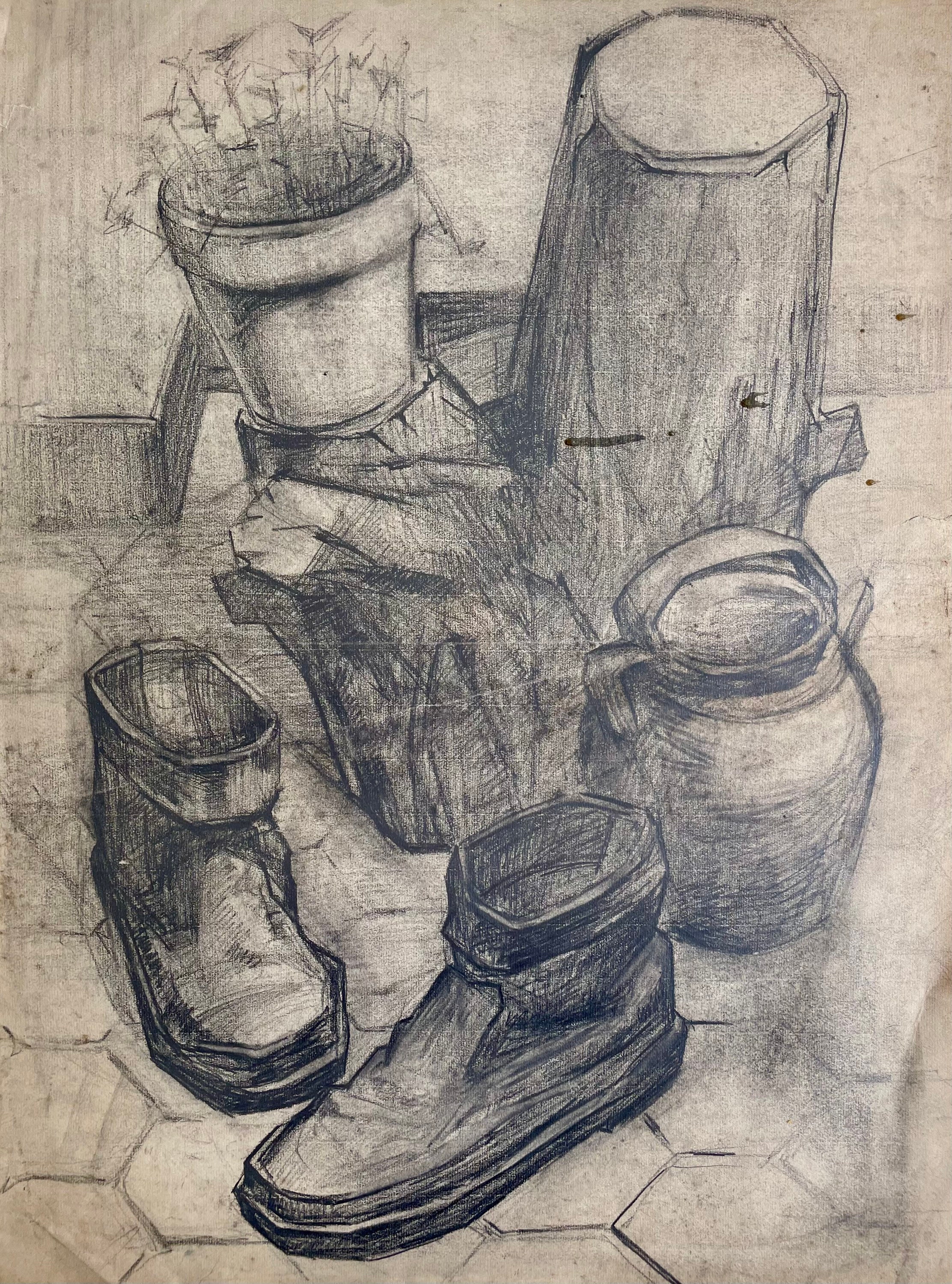 1890s French Graphite drawing on paper. Still life with shoes and pottery.