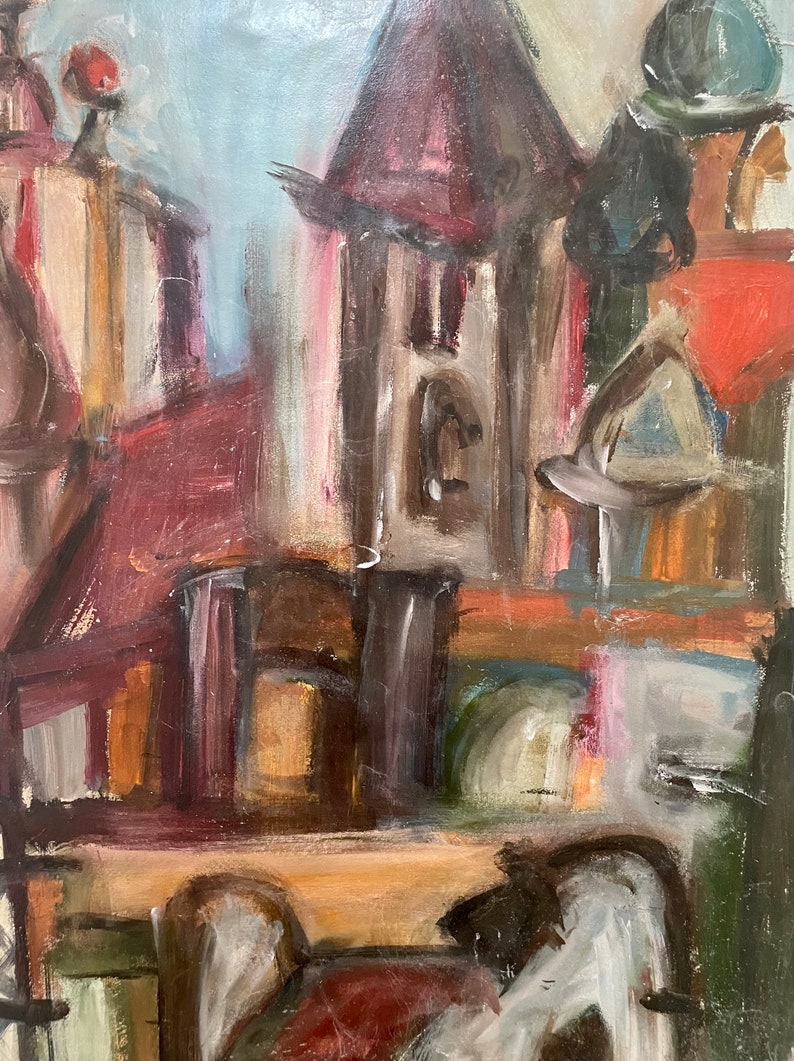 1950s French shops oil painting on paper. Village in France. Buildings, Bridge and river Modernist painting.