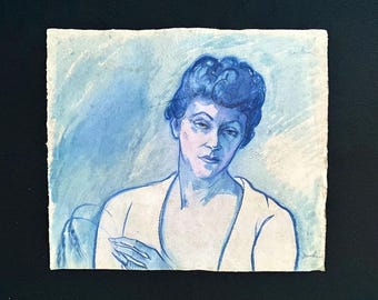 1940s French Antique watercolor painting on thick paper. Parisian woman with dark  hair and white robe. 40s fashion. Listed Artist Jean Perr