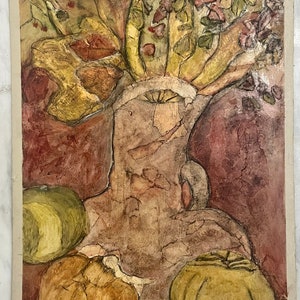 Pintura francesa vintage de los años 60 en técnica mixta y gouache sobre cartón. Calabazas y árbol.
